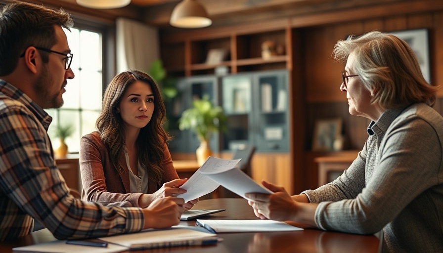 Underwriter discusses loan denial with couple in office.