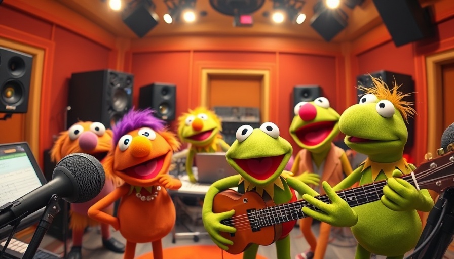 The Muppets recording in a vibrant studio for Rock ‘n’ Roller Coaster.