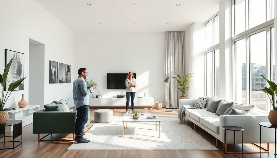 Agent showing house to couple with natural light in modern room.
