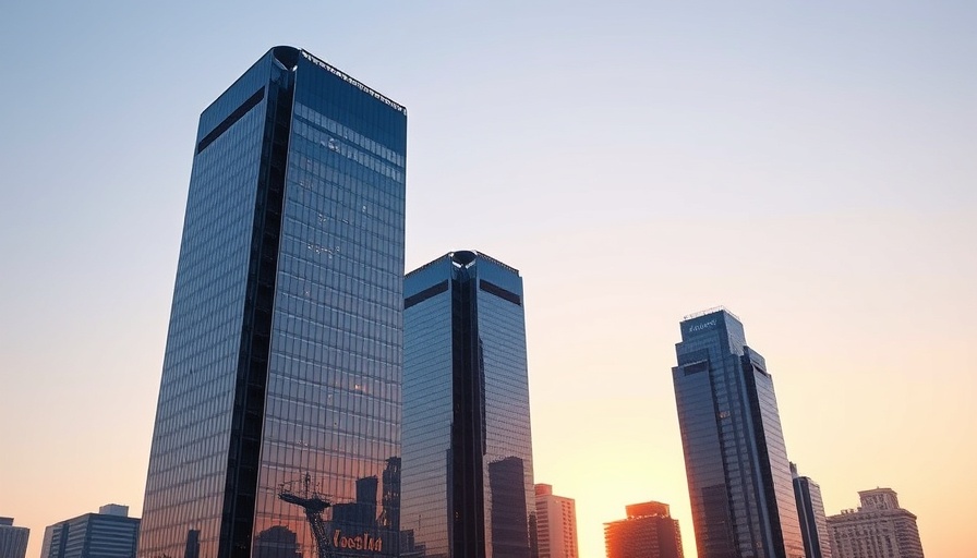 Modern skyscraper reflecting sunset light, apartment building boom.
