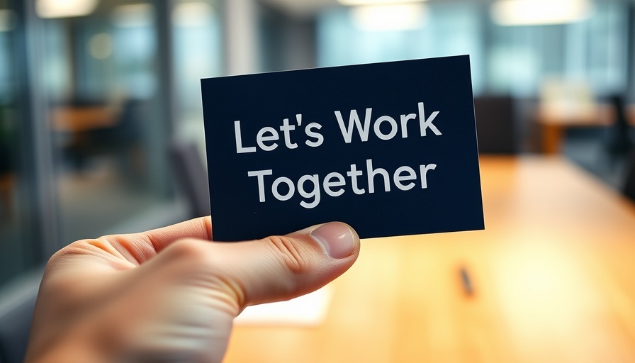 Close-up of hand holding 'Let's Work Together' card, business setting.