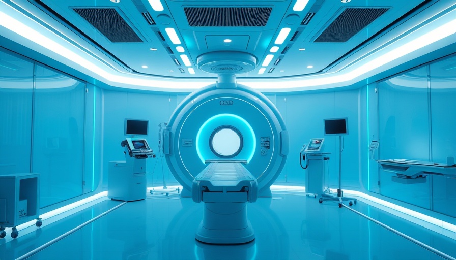 Futuristic radiotherapy room showcasing modern equipment and blue lighting