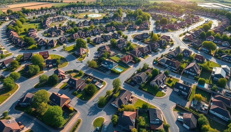 Aerial view of suburban houses illustrating US home prices lagging inflation.