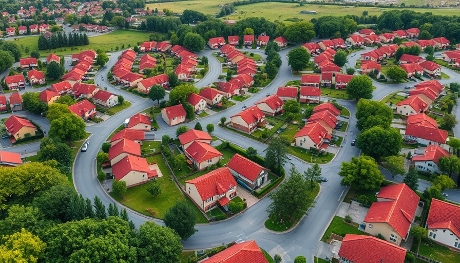 Aerial view of a US neighborhood depicting home price trends.