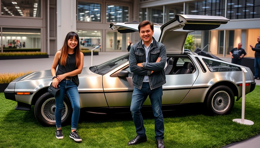 Two people standing by a DeLorean time machine exhibit at rental showcase.