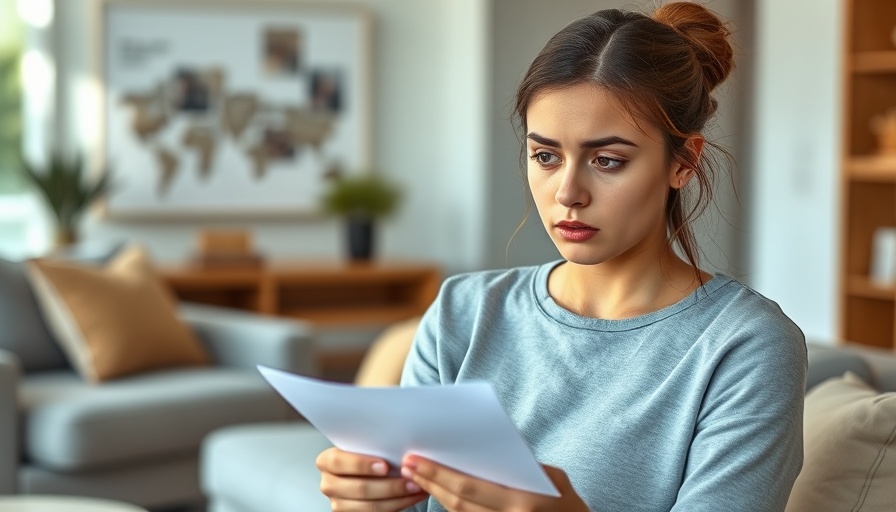 Concerned woman holding letter pondering 'Why does my mortgage keep going up?' in a living room.
