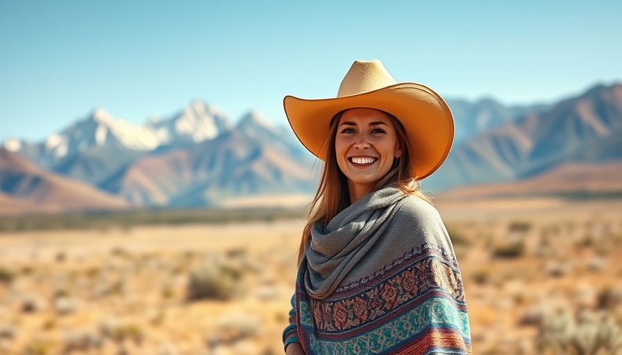 Woman in turquoise shawl and hat, mountains in background.