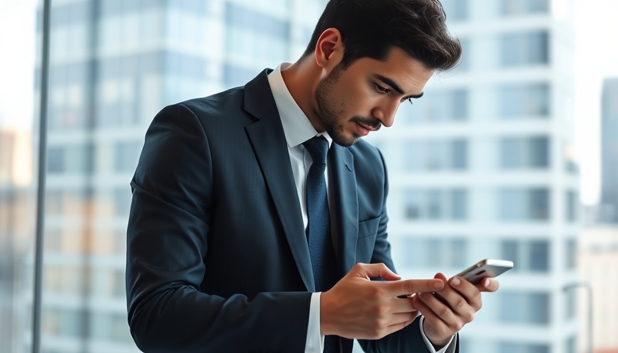 Business professional using smartphone in city office, digital marketing strategy.