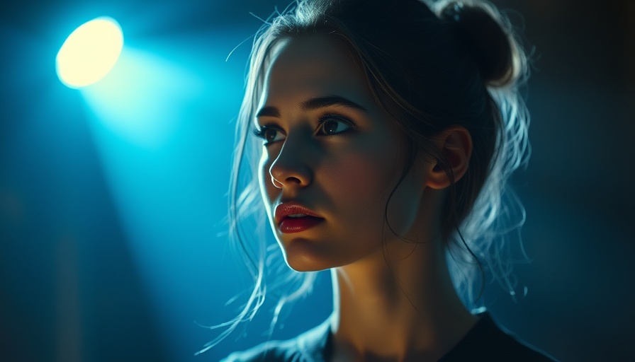 Ethereal young woman in blue spotlight, thoughtful gaze.