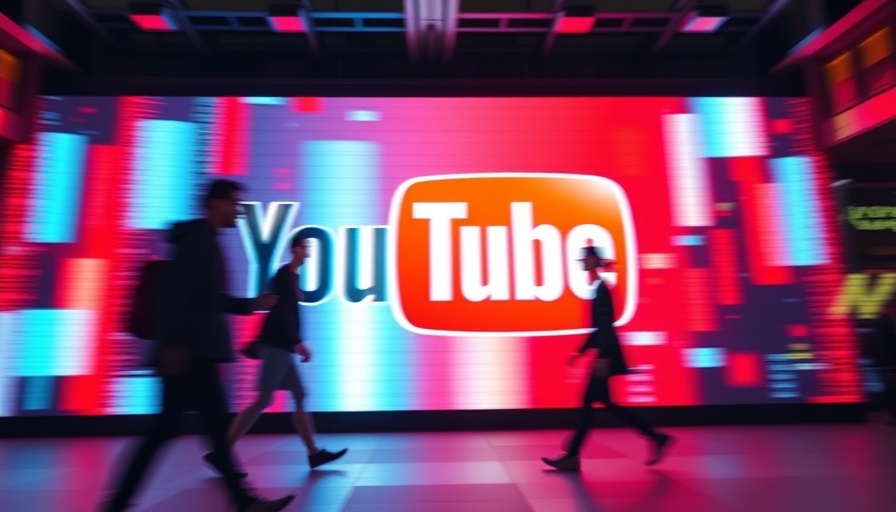 People passing by a large illuminated YouTube logo on colorful LED wall.