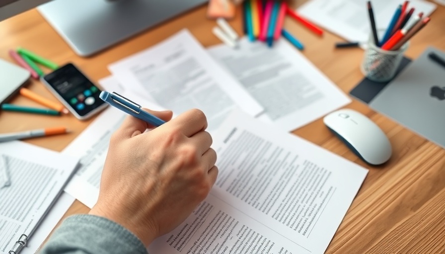 Hands actively highlighting notes on a desk in an office, showcasing essential business skills.