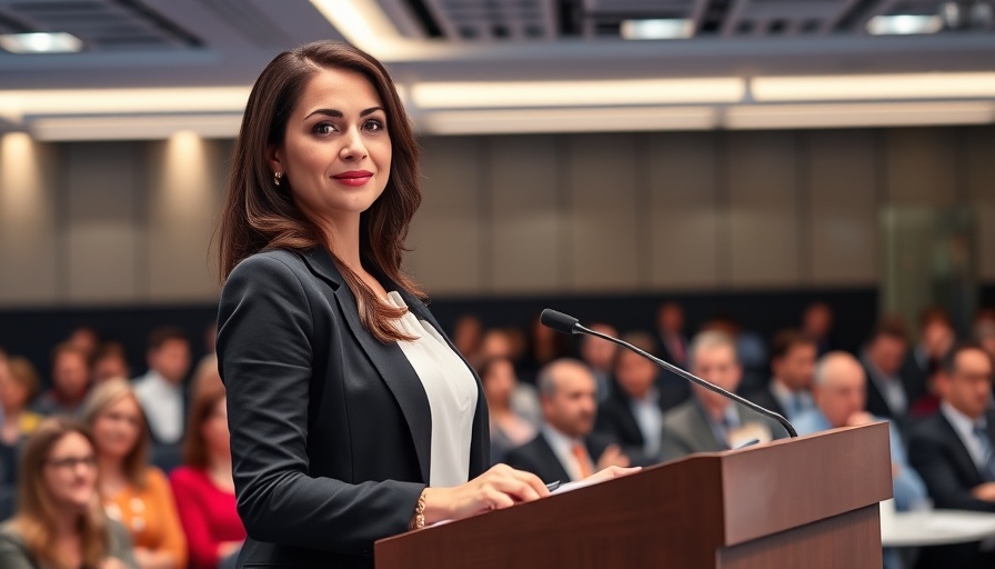 Elegant businesswoman presenting at a conference about relationships.