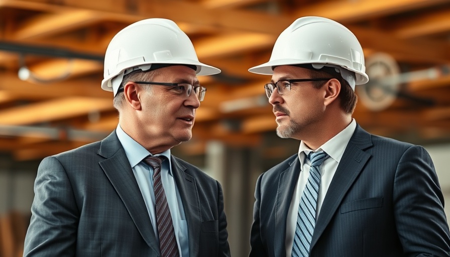 Men in hard hats discussing in a construction setting.