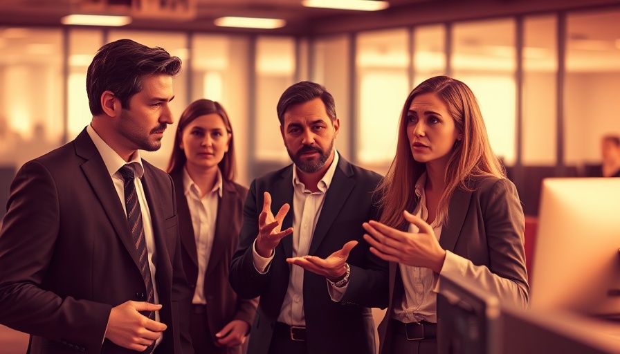 Professionals discussing business continuity plan failures in office.