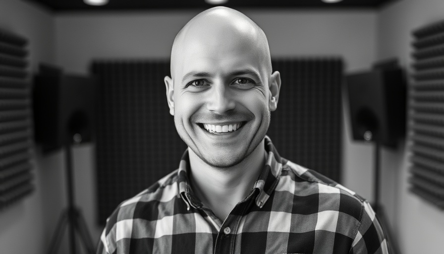 Portrait of a smiling bald man in a plaid shirt, soundproof wall.