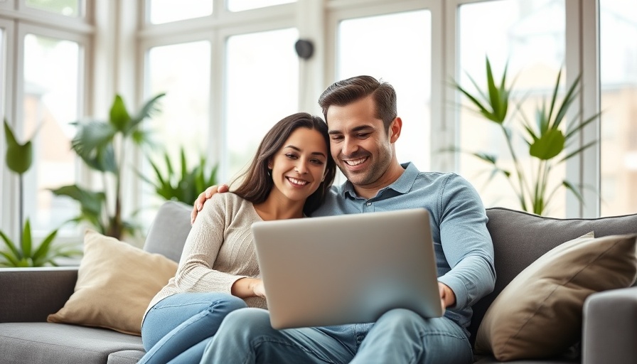 Smiling couple on couch with laptop showing teamwork in selling their business.