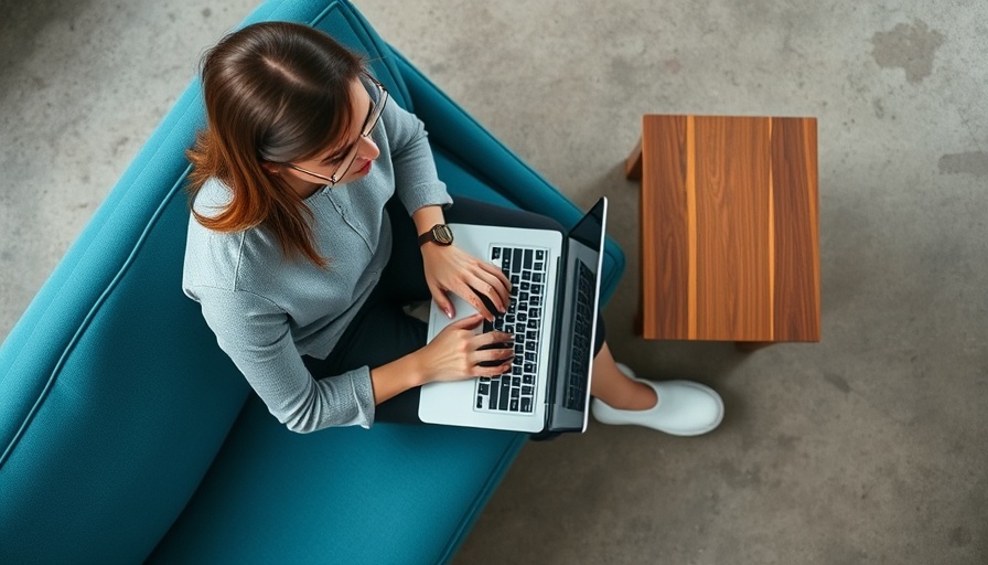 Professional woman using a laptop on a teal couch, LinkedIn post templates for leads.