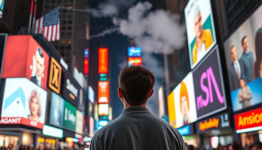 Young man at Times Square admiring famous ad campaigns at night.