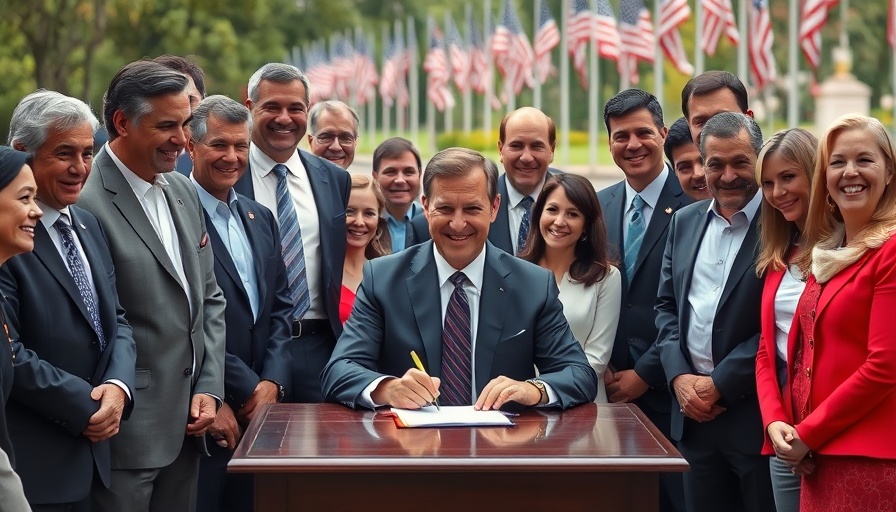 Group signing GOP tax and spending bill outdoors, challenges discussed.