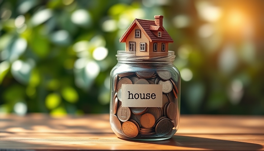 Glass jar labeled 'house' with coins and a toy house on top.