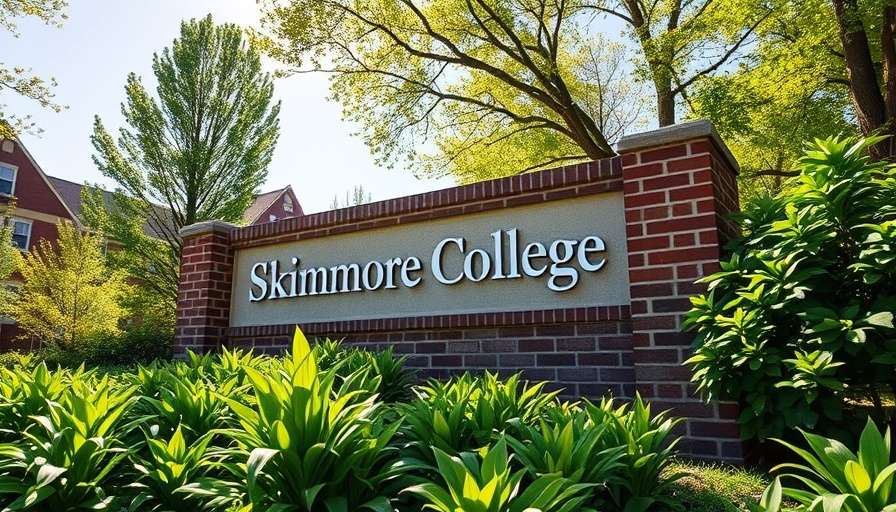 Skidmore College sign among greenery, sunny day.