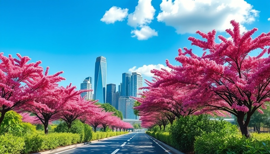 Urban skyline with pink flowering trees in Raleigh.