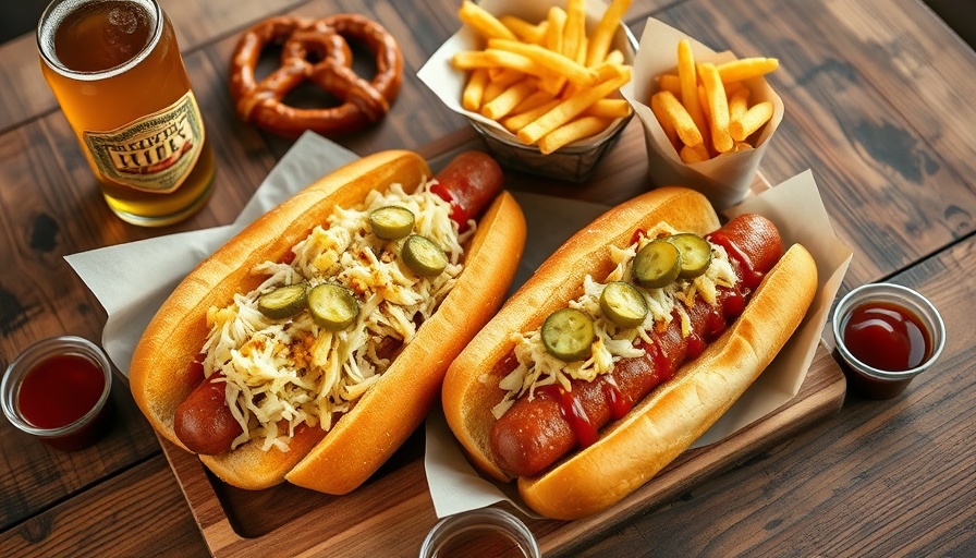 Bavarian sausages, pretzel, fries, and beer on wooden table.