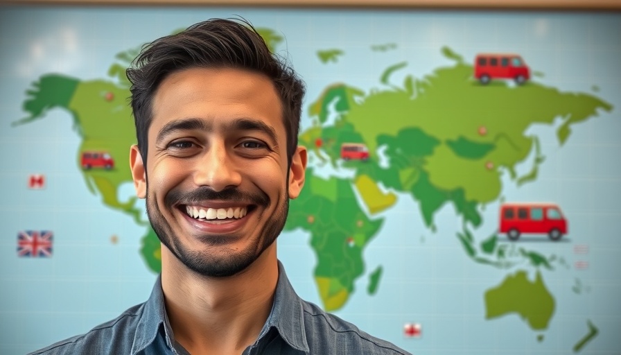Confident man smiling in front of a green world map with vehicles, representing entrepreneurship in Africa.