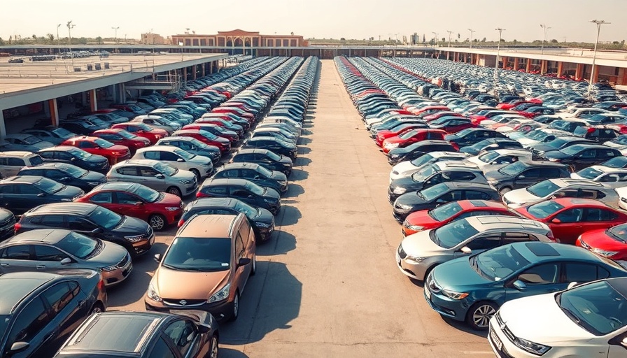 Wide shot of rental cars parked in rows, highlighting organized fleet.