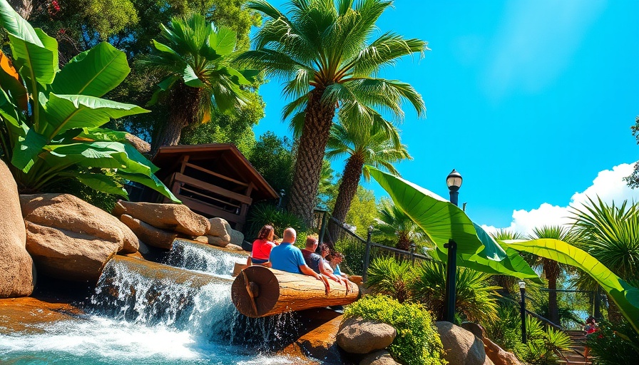 Stanley Falls Flume ride with excited visitors under a sunny sky.