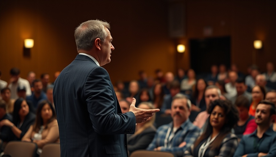 Business speaker at conference addressing audience, 2025-2026.