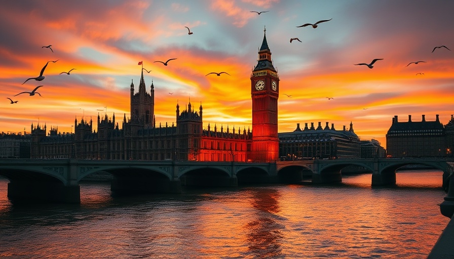 Houses of Parliament and Big Ben reflecting in Thames at sunset.