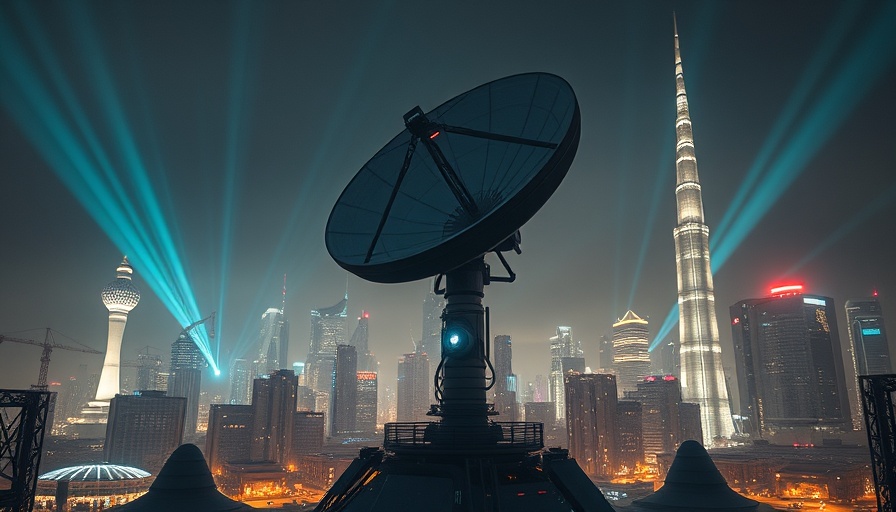 Futuristic satellite dish in a glowing cityscape.