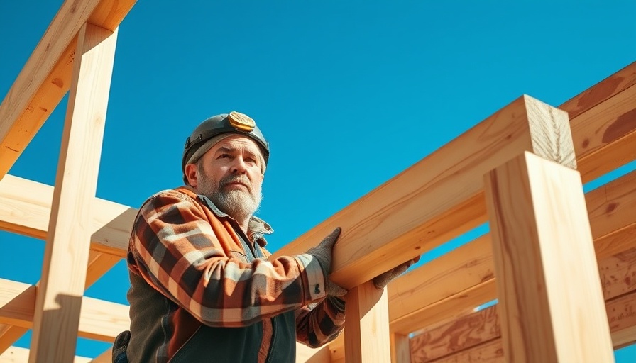 Construction worker aligning beams for new home construction.