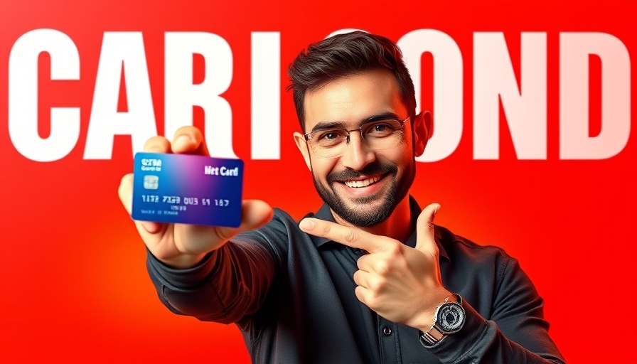 Confident man promoting bonus cash back business card with bold text.
