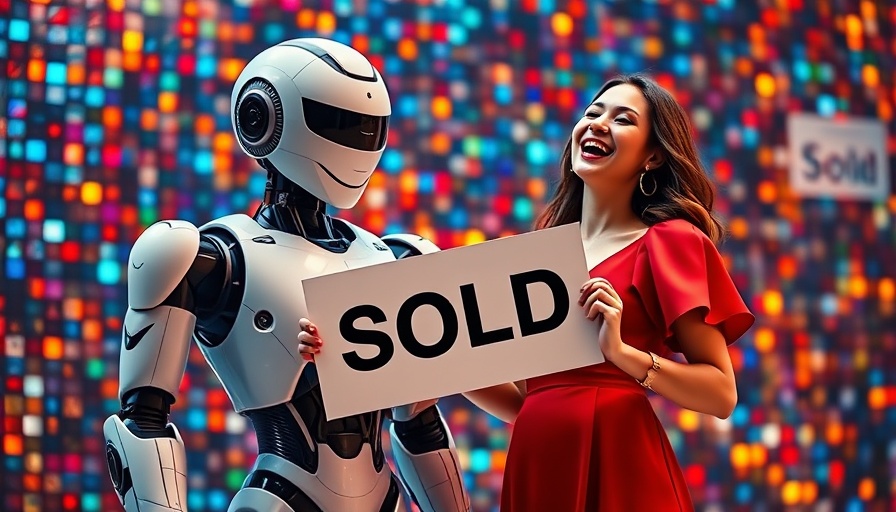 Humanoid robot and smiling woman with sold sign in digital setting.