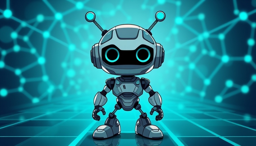 Futuristic cartoon robot with teal accents in digital network.