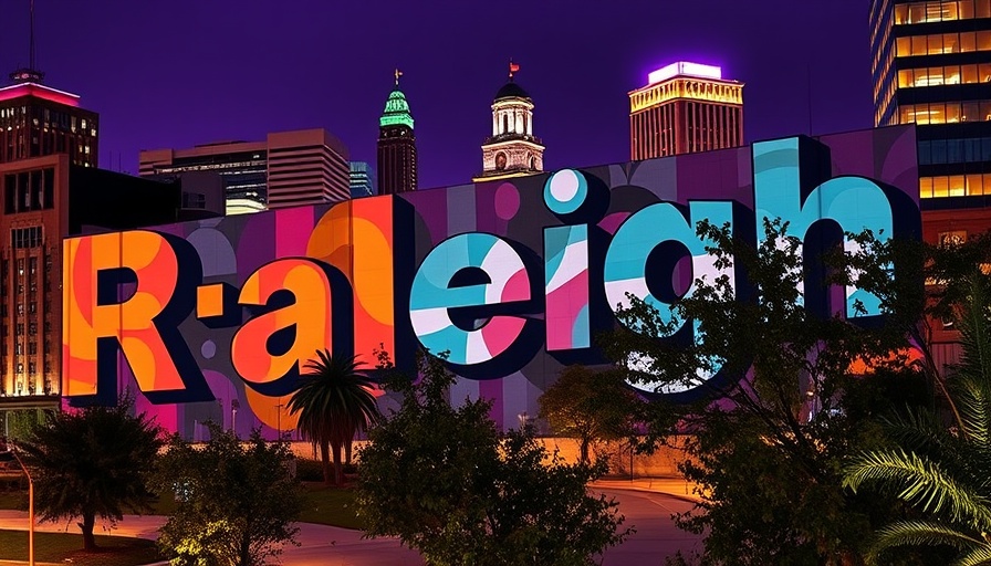 Colorful Raleigh mural and city lights in Triangle restaurant area.