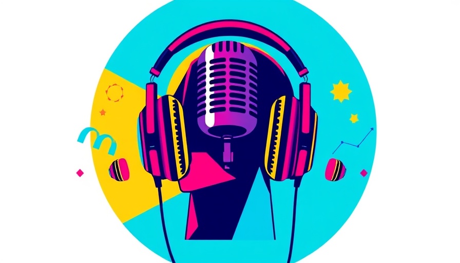 Abstract illustration of media elements with microphones and electronics connected to health news.