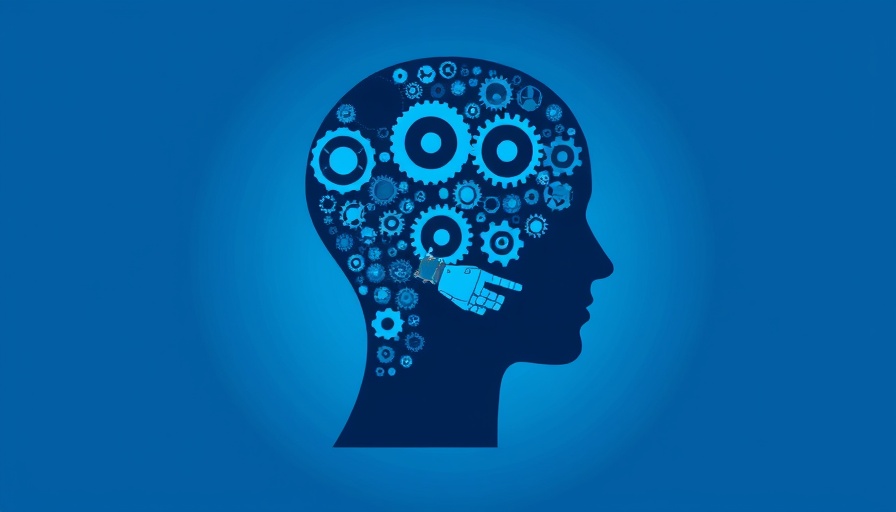 Abstract AI concept with gears and robotic arm in head silhouette.