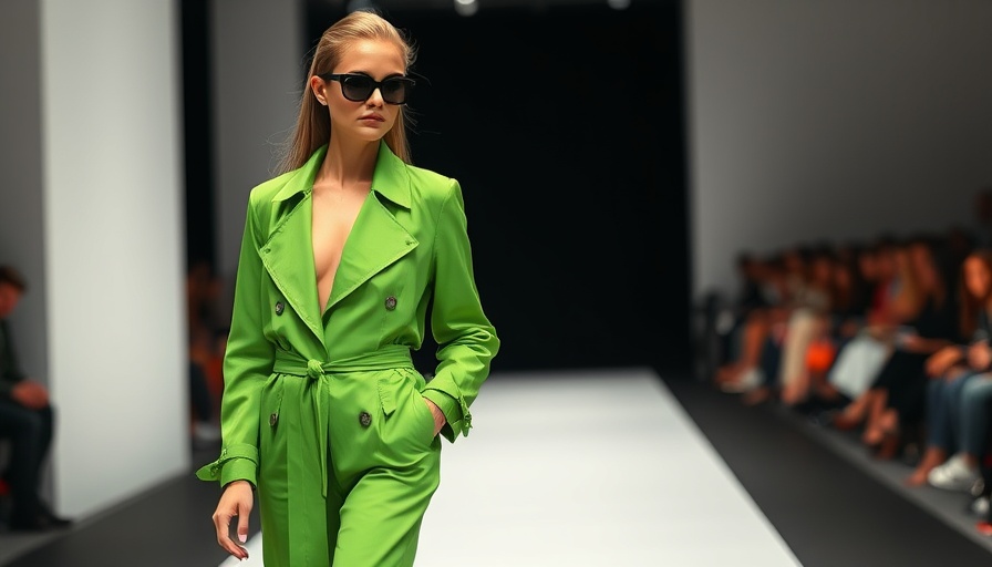 Loewe debut collection model in green jacket on runway.