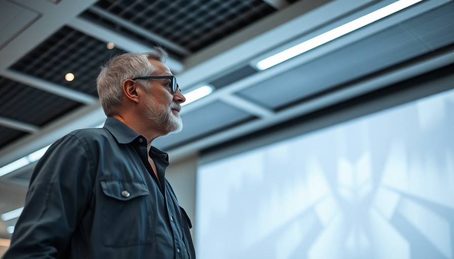 Man observing advanced micro-display projection in modern room.