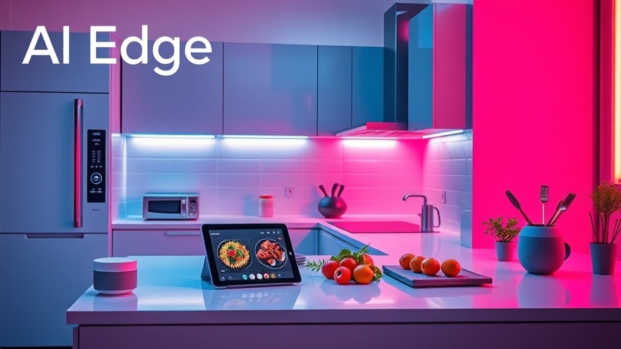 Futuristic kitchen with AI appliances and 'AI Edge' typography.