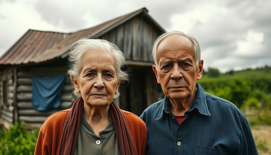 Elderly couple in front of damaged house, North Carolina housing crisis.