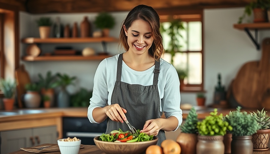 A woman in a rustic kitchen preparing a healthy meal to improve gut health naturally.