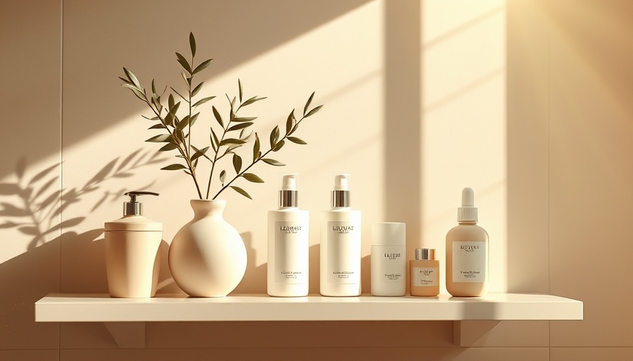 Natural skincare and olive plant in serene bathroom setting.