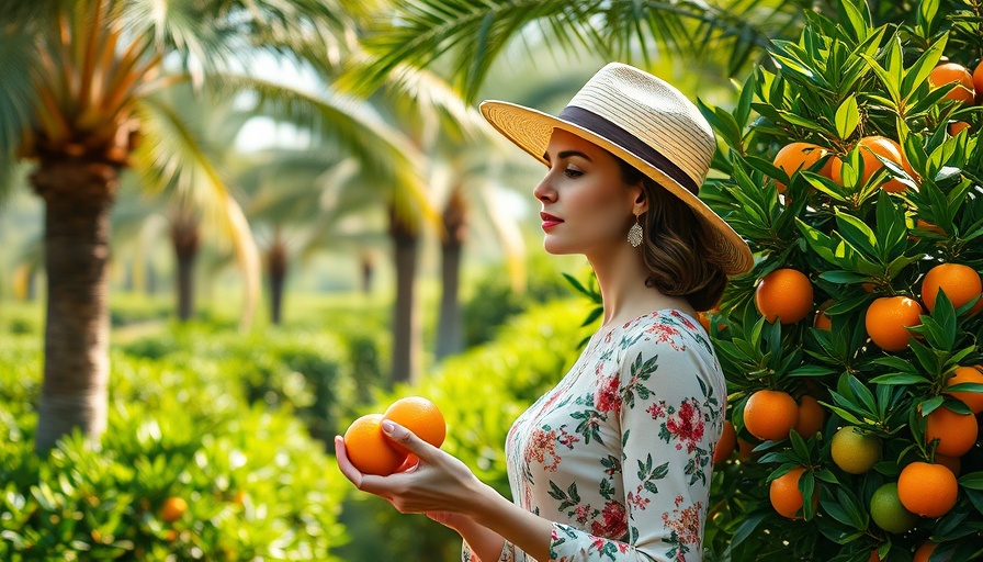 Woman picking fruit in June garden, lush greenery.