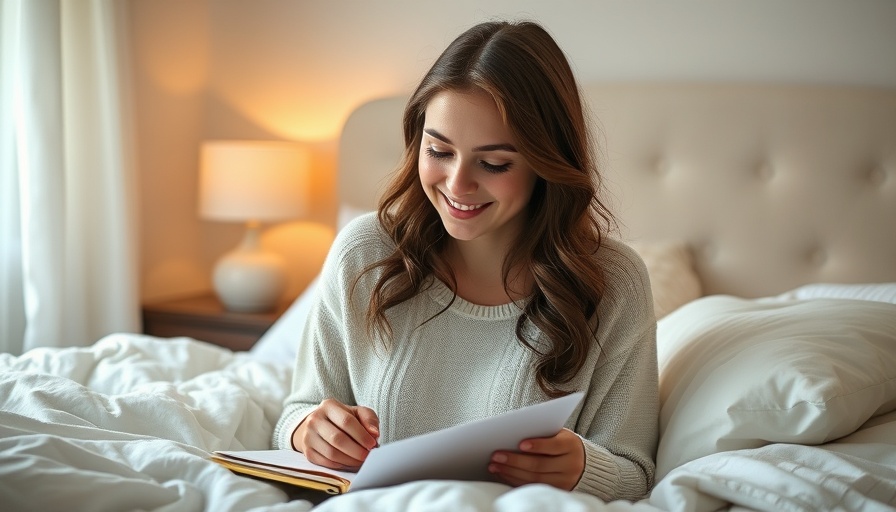 Smiling woman journaling benefits, relaxed in a cozy bedroom.