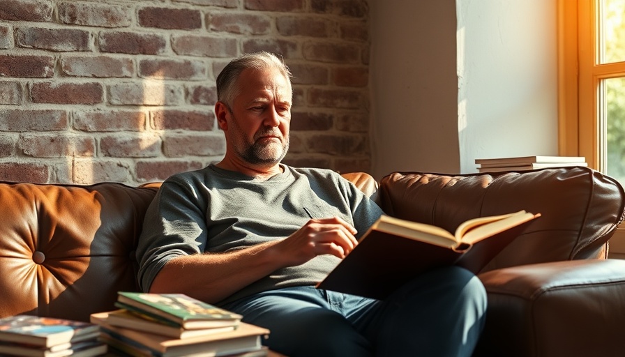 Father reading a book by leather sofa, Father's Day gifts inspiration.
