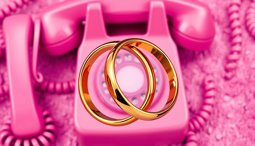 Intertwined gold rings on textured background with vintage phone elements.